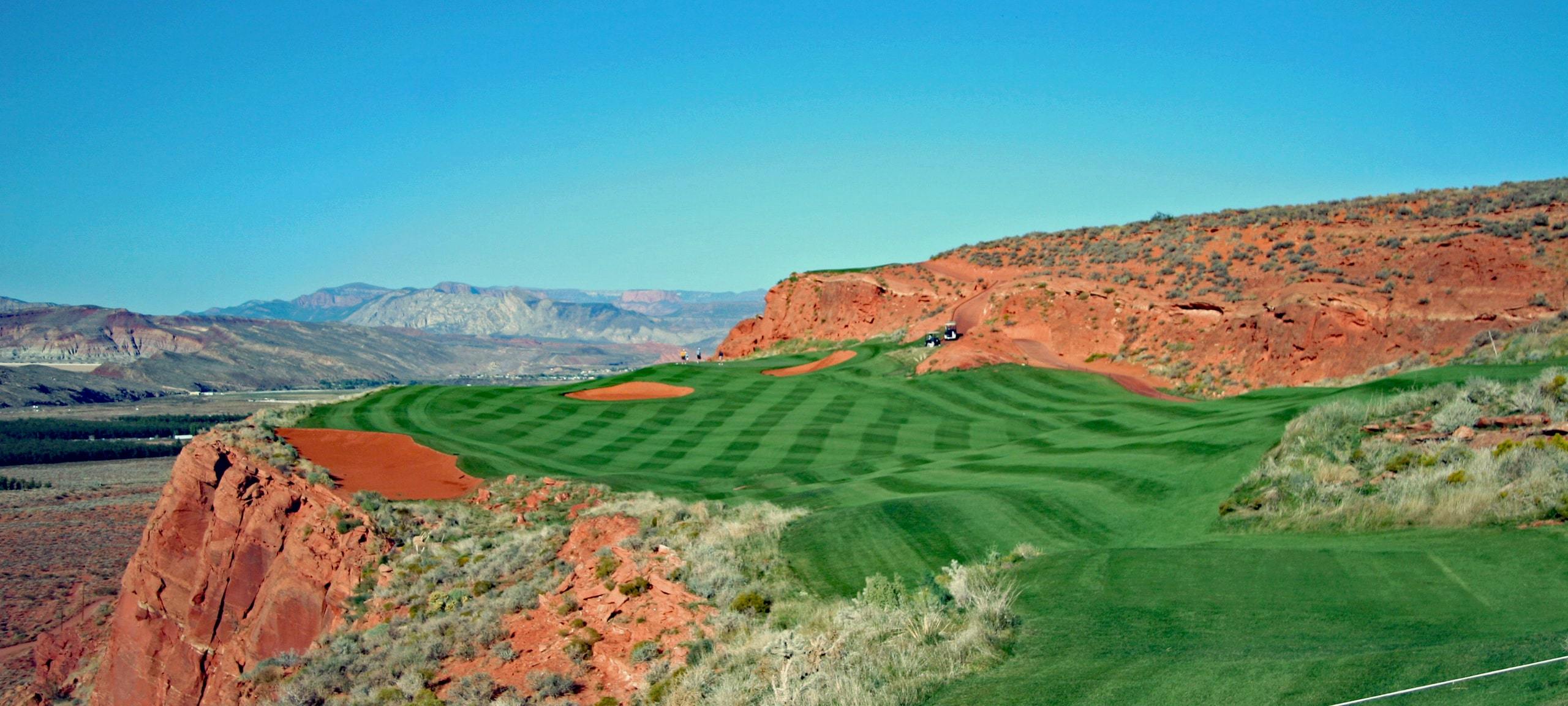 St George, Utah golf course with scenic views of sunny desert hills