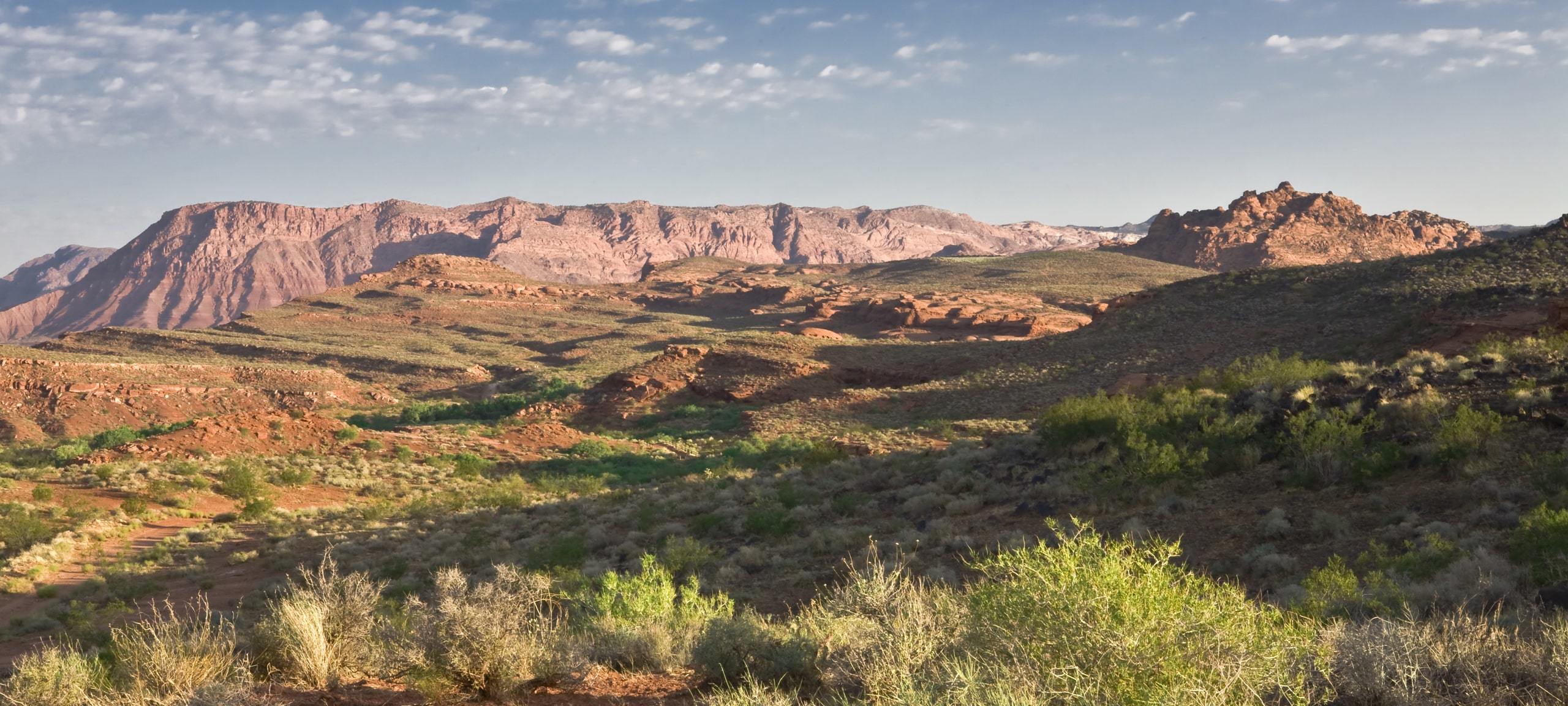 Beautiful sunrise over red bluffs and greenery in St. George, Utah